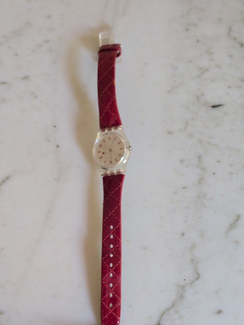 Swatch Women's Quilted Red Strap Clear Round Dial Watch